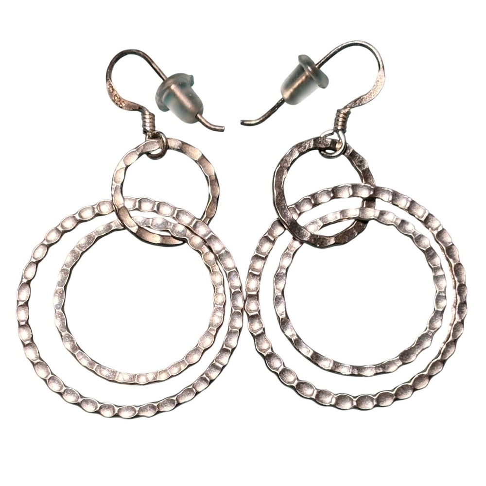 Sterling Silver 925 Triple Hoop Hammered Drop Earrings Graduated Circles Dangle